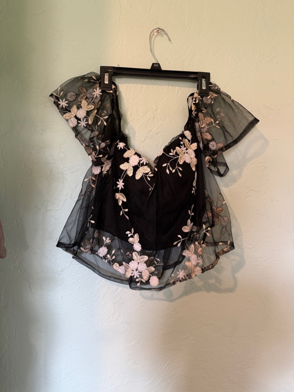 love J Black Sheer Floral Embroidered Sweetheart Top